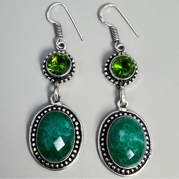 New Faceted Enhanced Green Emerald Stone and Sim Peridot Silver Overlay Earrings - Picture 1 of 7